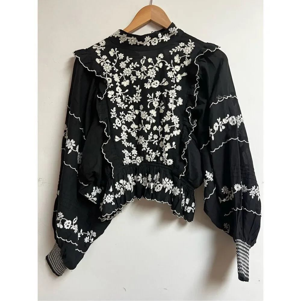 Farm Rio Women's Black White Embroidered Ruffle Long Sleeve Blouse Small NWOT